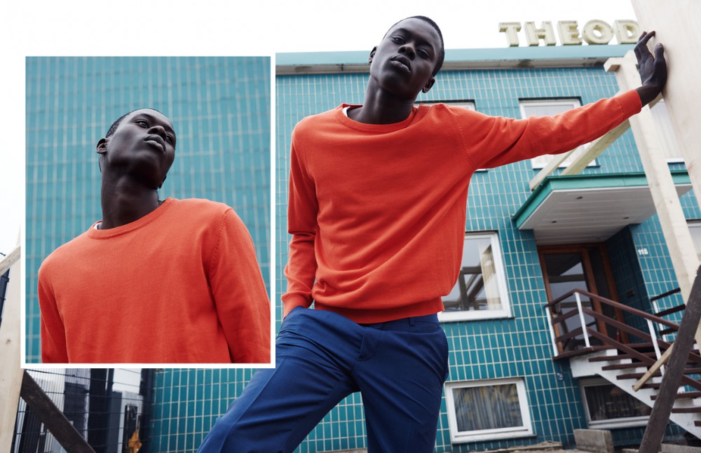 Alpha Dia @ Modelwerk wears T-Shirt / Calvin Klein Jumper / BOSS Orange Trousers / Hugo Boss