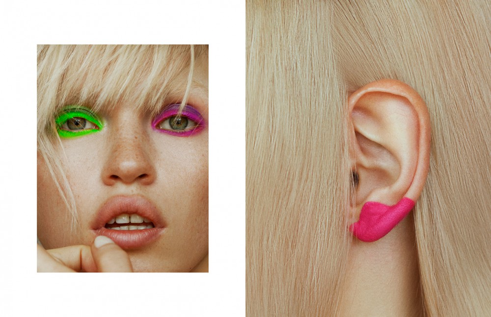 MAC Cosmetics Face / Face & Body Foundation Eyes / Acrylic Paint in Landcape Green & Processed Magenta Pigment in Violet, Magenta Madness & Green Space Lip / Huggable Lipcolor in Touche Opposite Sigma Ear / Power Lip Liner