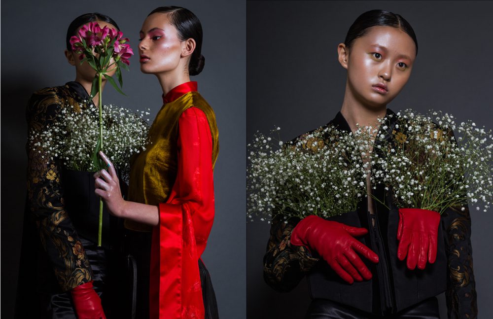 Sharnee wears Top / Pelin Isildak Belt bag / Pelin Isildak Shirt & trousers / Mario Dice Jing wears Gloves / Givenchy Jacket & trousers / Pelin Isildak Opposite Gloves / Givenchy Jacket & trousers / Pelin Isildak