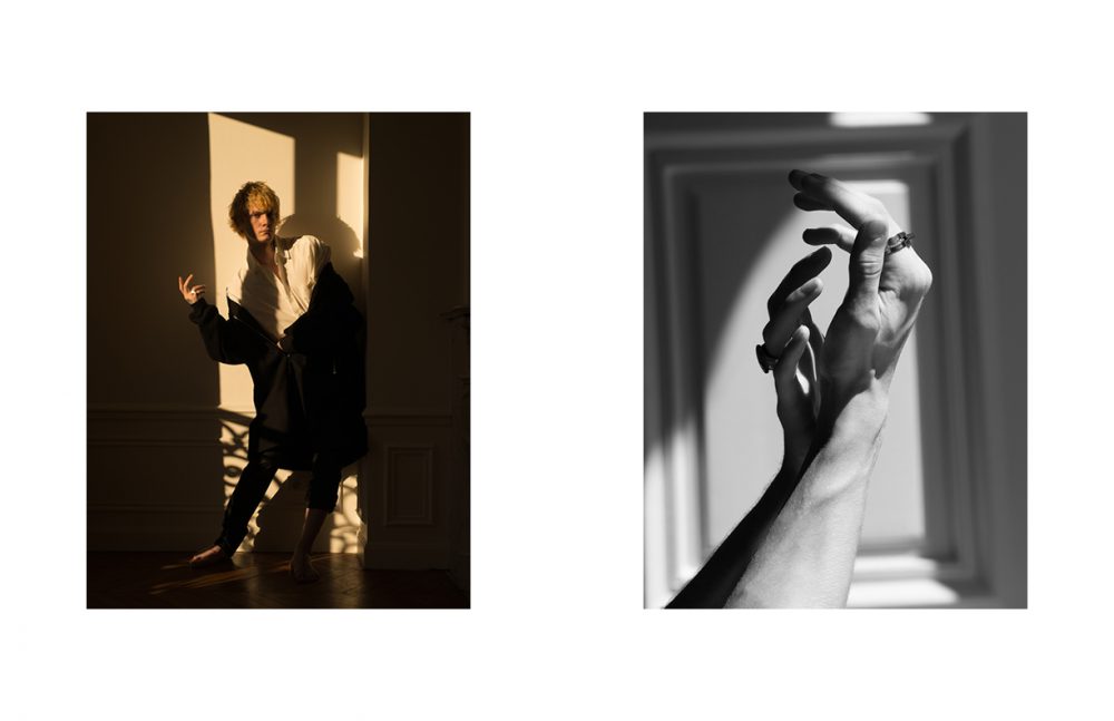 Paul @Rockmen wears White Shirt / HED MAYNER Coat / Études Studio Trousers / agnès b Ring / Delphine-Charlotte Parmentier Opposite Marin @Premium Models & Theo @Premium Models wears Left Hand: Signet Ring / Tant d’Avenir Right Hand: Ring / Delphine-Charlotte Parmentier