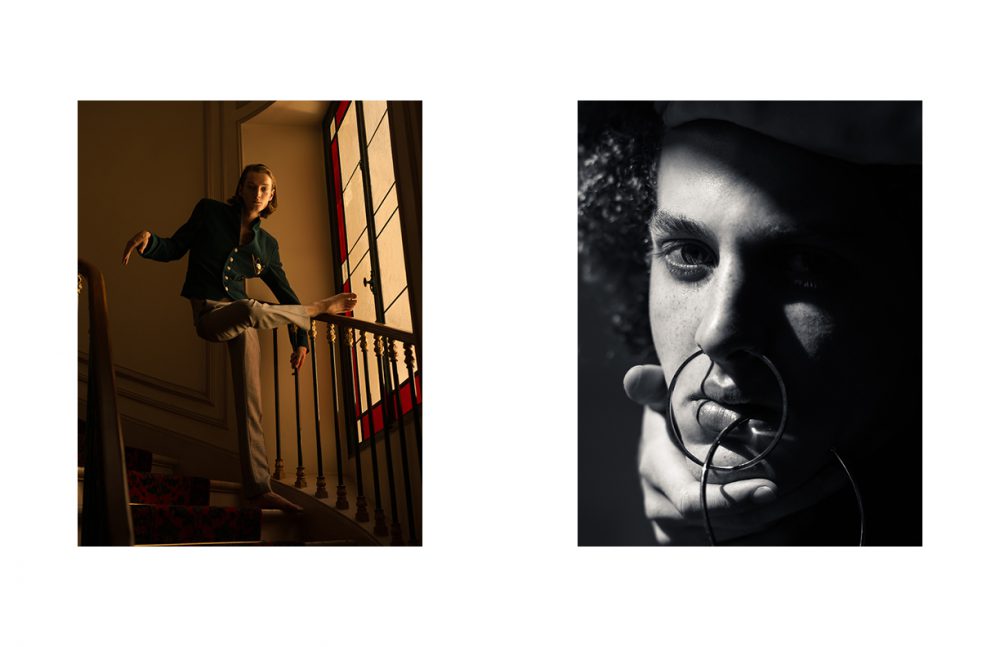Theo @Premium Models wears Jacket & Trousers / agnès b Necklace (used as Brooch) / La Tonkinoise à Paris Opposite Marin @Premium Models wears Sets of Earrings in Silver Plated (used as Nose Accessories) / Delphine-Charlotte Parmentier