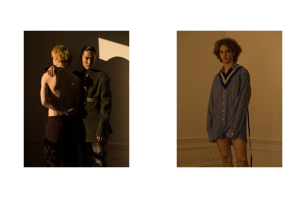 Hiroki @DIVINE wears Jacket (Worn Backwards) & Trousers / Études Studio Paul @Rockmen wears Trousers / COS Opposite Marin @Premium Models wears Shirt & Supersized Collar / Raf Simons Sets of Earrings in Silver Plated / Delphine-Charlotte Parmentier