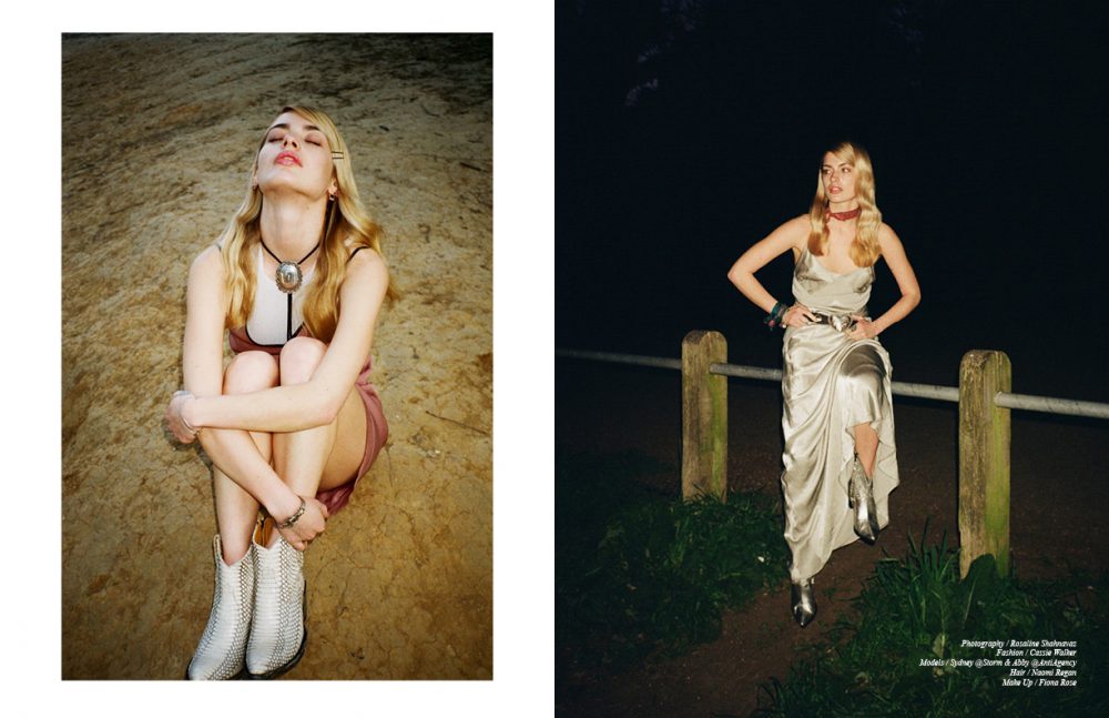 Sydney wears Top / Phoebe English Dress / BLK DNM Boots & Bolo Tie / Jessie Western Jewellery / Stylist’s Own Opposite Sydney wears Dress / Ghost Boots / PAUL & JOE Belt / Jessie Western Neck & Wrist Ties / Stylist’s Own