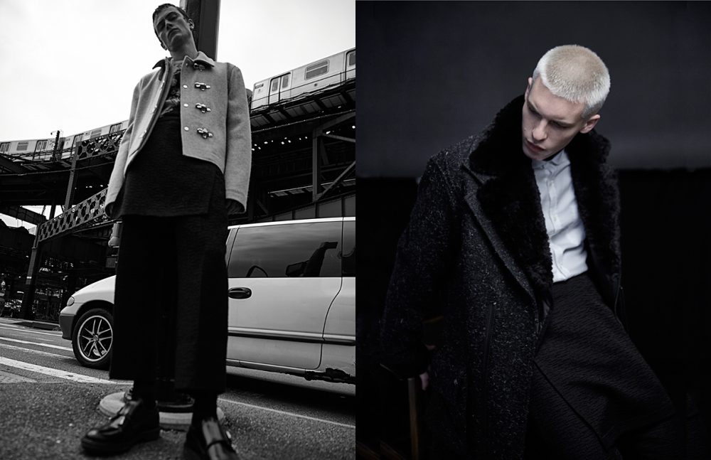Sam @Red Models wears Total Look / Public School Socks / Calvin Klein Shoes / A.P.C. Opposite August @Fusion Models wears Coat & Trousers / Public School Shirt / Oliver Spencer