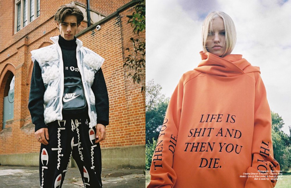 Jumper / Gosha Rubchinskiy Gilet / Alexandra Hackett Bag / Stylist’s Own Trackpants / Champion Opposite  Hoodie / Paria Farzaneh