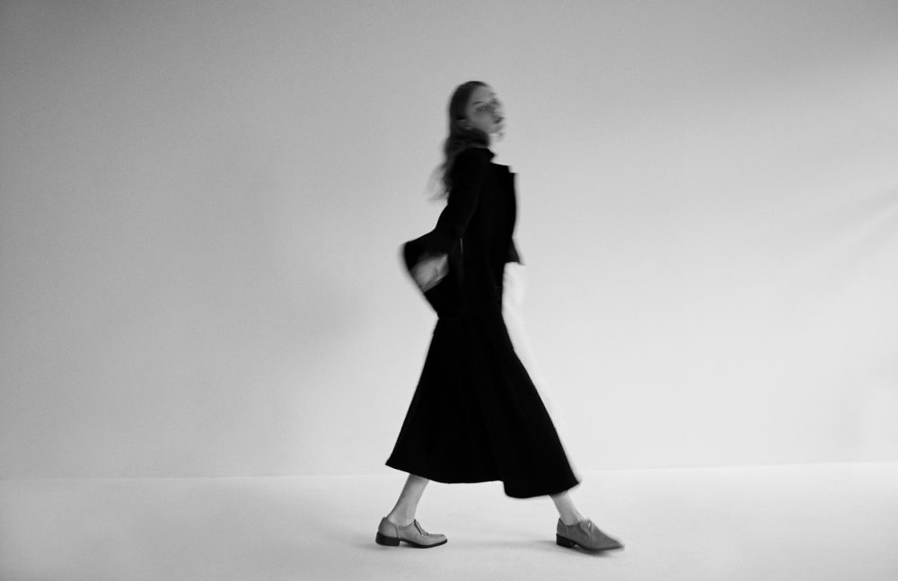 Coat / Haizhen Wang  White shirt dress / JAEHA  Shoes / Sol Sana