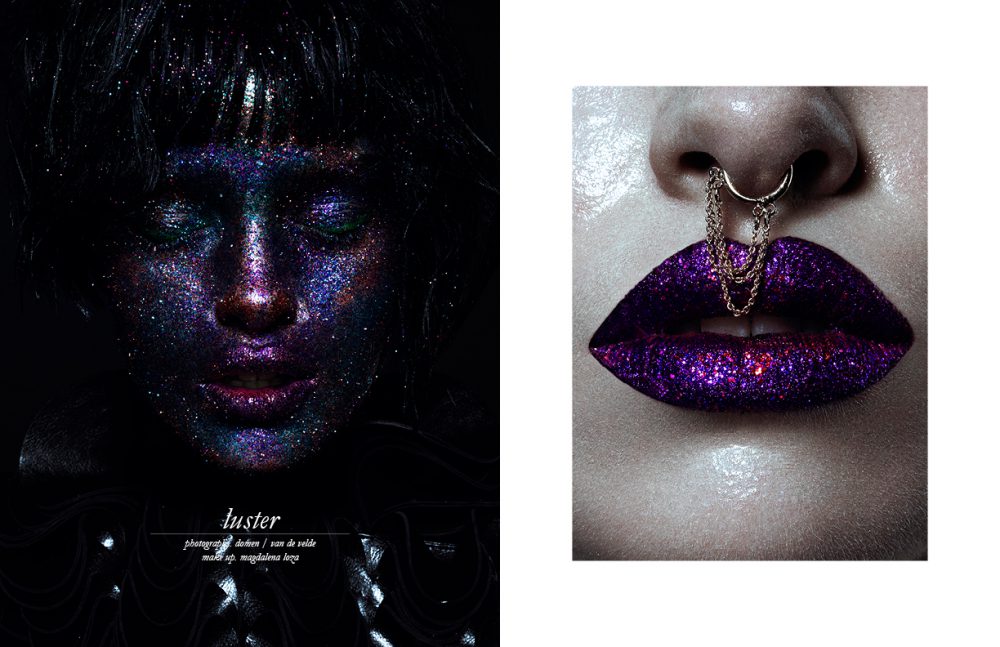 Glitters / MAC Cosmetic Reflects Purple Duo, Emerald, Amethyst & Reflects Red Wig / Balmain Hair Couture Opposite Skin / MAC Cosmetics Face en Body C1 Lips / MAC Cosmetics Lip Gloss, Glitter Amethyst, Reflects Blackened Red & Reflects Very Pink