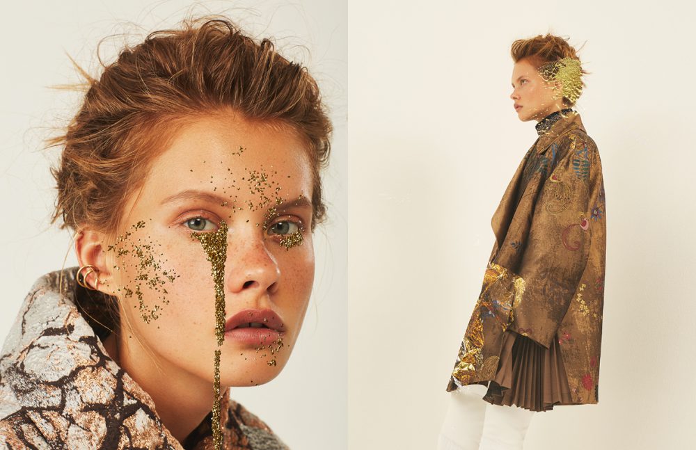 Earrings / Saskia Diez  Coat / Alberta Ferretti Opposite Earring / Saskia Diez  Choker / Drôme  Body / Véronique Leroy  Coat & Gaiters / Fendi