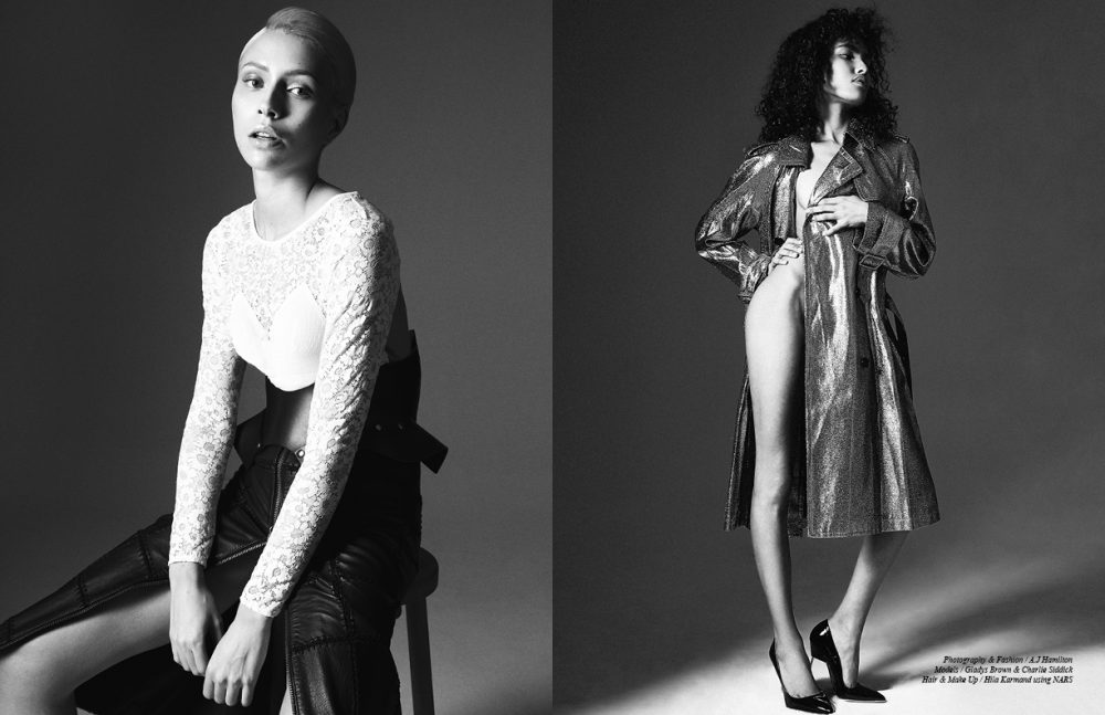 Charlie Siddick wears Body / For Love & Lemons SKIVVIES Belt / ZANA BAYNE Skirt / Preen Line Opposite Gladys Brown wears Coat / 3.1 Phillip Lim Heels / Kurt Geiger