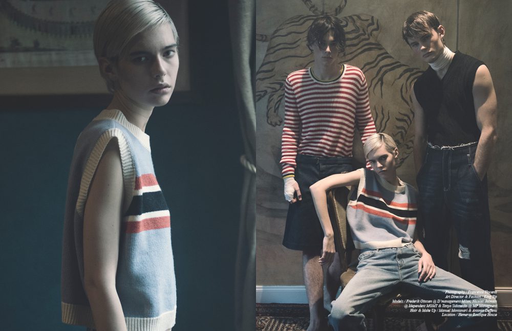 Knitwear / Mix Seven Jeans / & Other Stories Opposite Left wears Knitwear / Ermanno Scervino Shorts / Missoni Middle wears Knitwear / Mix Seven Jeans / & Other Stories Right wears Knitwear / A.P.C. Jeans / Mix Seven Jacket / Diesel Belt / Vivienne Westwood 