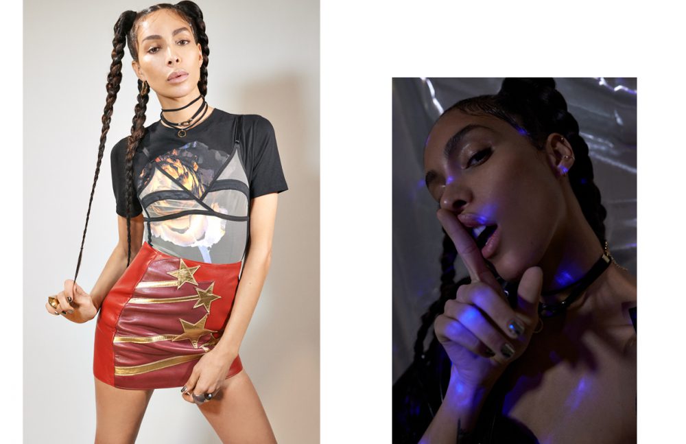 Left T-Shirt, Earings & Rings / Acne Studios  Body / Yasmine Eslami Skirt / Faith Connexion Chokers / Balaboosté Right Raincoat / Stone Island Bustier / Rémi Ducheix Choker / Balaboosté