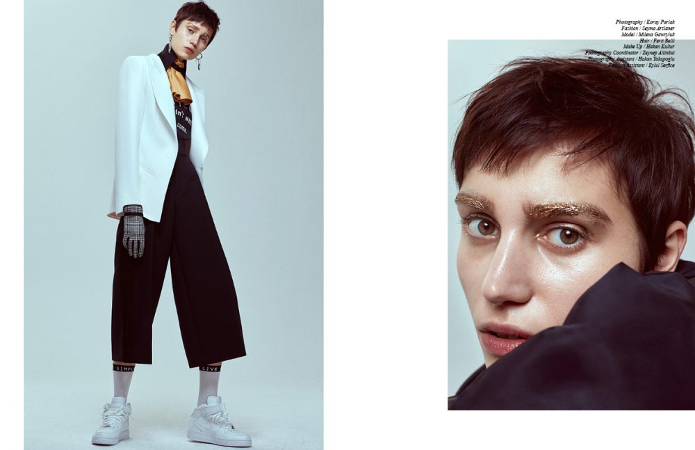 Jacket / Nihan Peker T-Shirt / Twist Collar / L’atelier Cache Trousers / Jil Sander Earrings / Jean Paul Gaultier for Swarovski Gloves / Beymen Club Socks / Penti Shoes / Nike