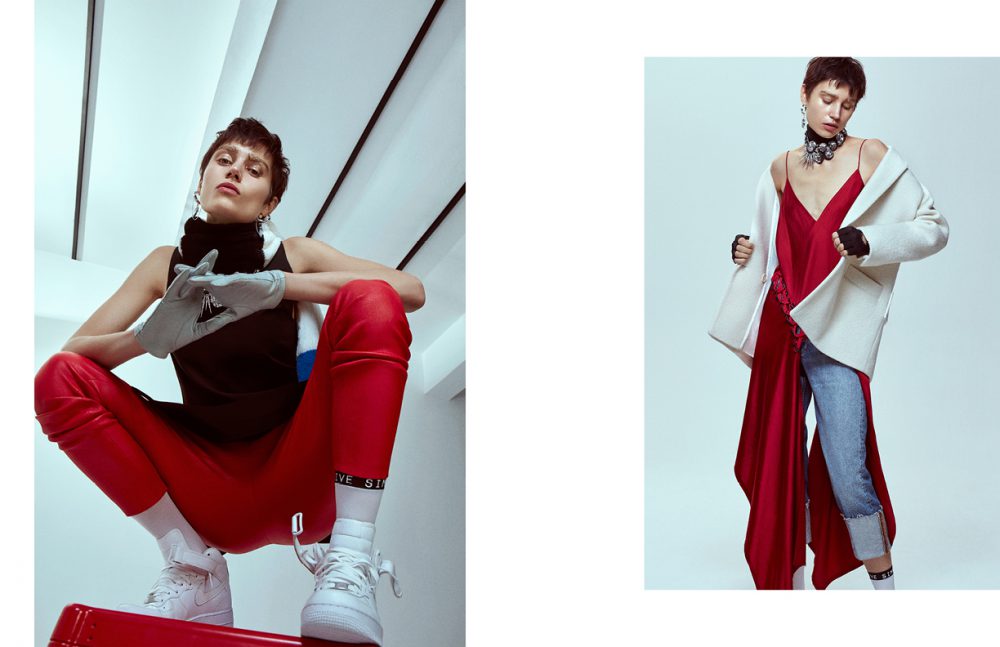 Blouse / MAX&Co. Trousers / Vekem Scarf / Twist Earrings / Jean Paul Gaultier for Swarovski Necklace / Swarovski Gloves / Editor’s Own Socks / Penti Shoes / Nike Opposite Blouse / DKNY Jacket / Sandro Trousers / H&M Earrings / Jean Paul Gaultier for Swarovski Necklace / Swarovski Gloves / Nike Socks / Penti